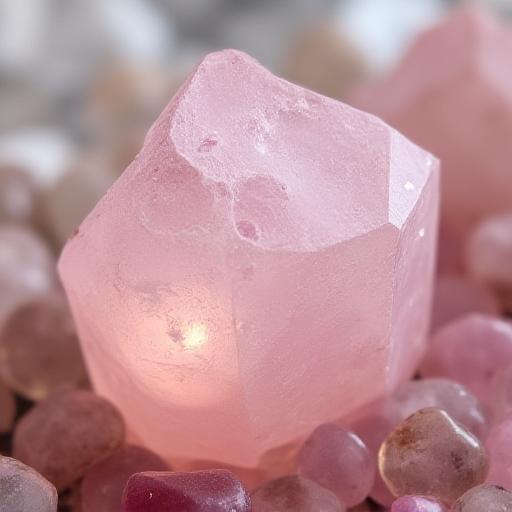 Dettaglio di una composizione con un cristallo di quarzo rosa grezzo.