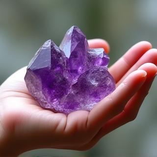 Una mano che tiene un cluster di cristalli di ametista.