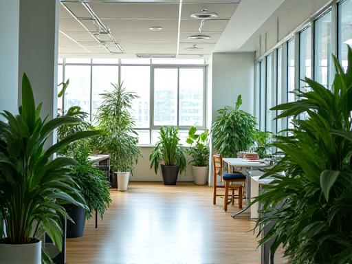 Un moderno ufficio luminoso con diverse piante da interno.