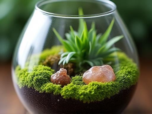 Dettaglio di un terrarium personalizzato con piccole piante e muschio.