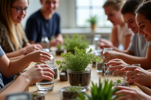 Persone che partecipano a un workshop sulla creazione di terrarium.